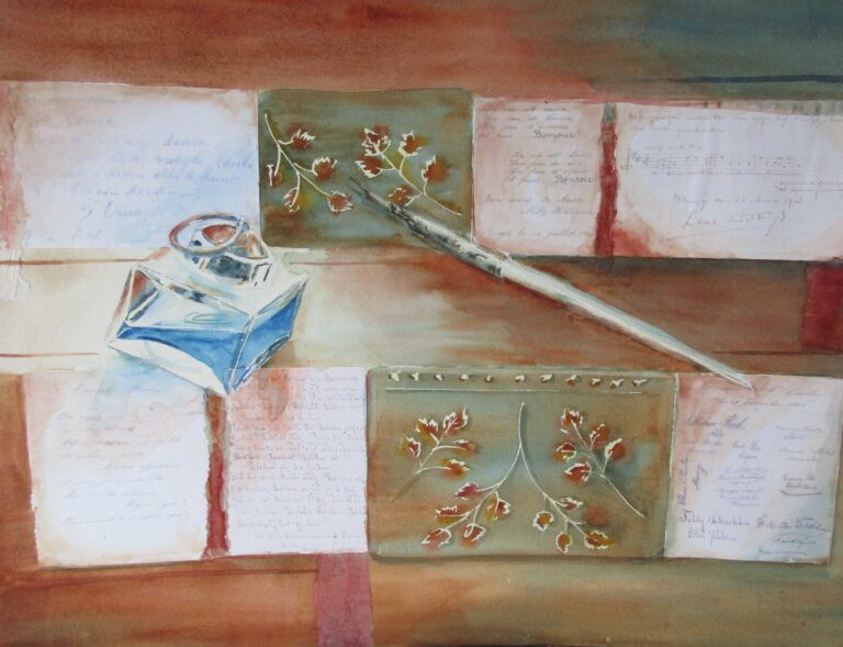 Schilderkunst met gemengde technieken 'De auteur', dichtbundel 'Resonantie' blz. 79 © Denise De Lille