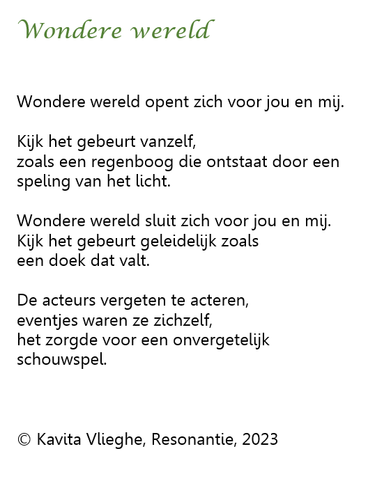 Gedicht "Wondere wereld", dichtbundel “Resonantie” blz. 8 © Kavita Vlieghe 2023