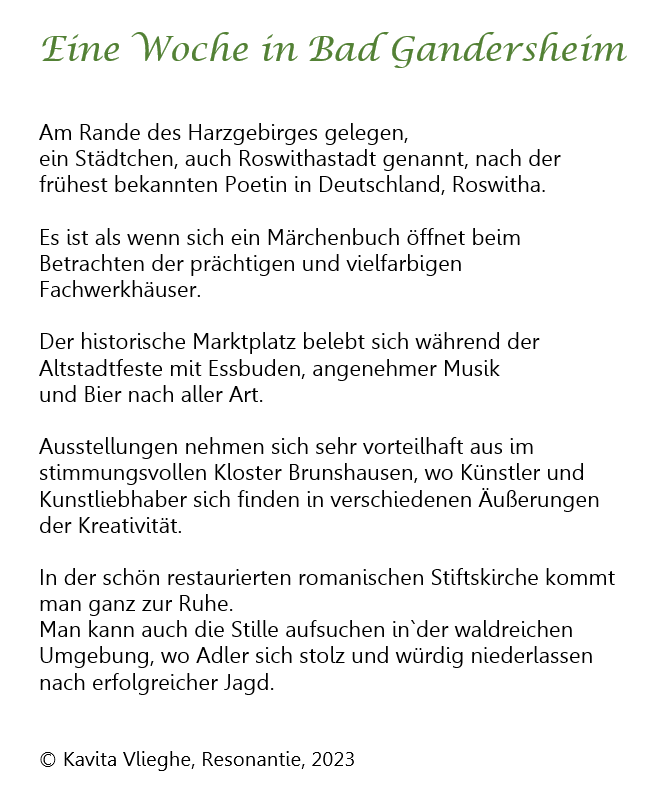 Gedicht "Eine Woche in Bad Gandersheim", dichtbundel “Resonantie” blz. 64 © Kavita Vlieghe