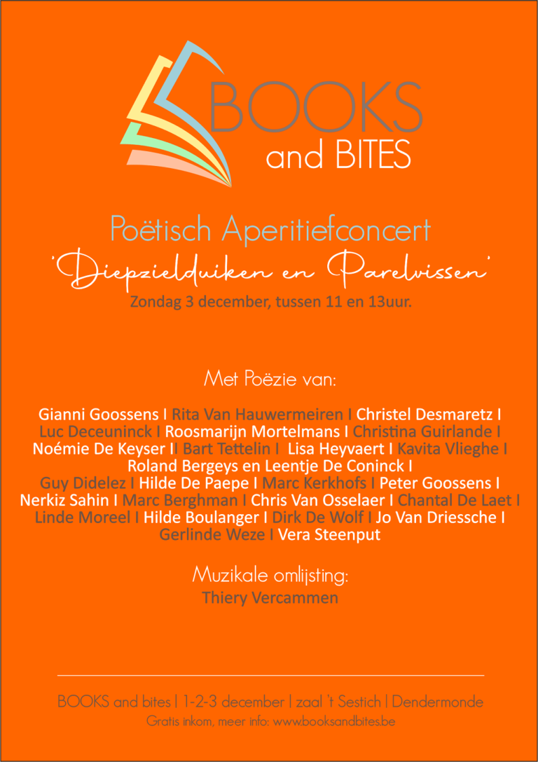 Affiche - Poëtisch aperitiefconcert ‘Diepzielduiken en parelvissen’ op zondag 3 december 2023 in zaal 't Sestich Dendermonde. © Books and Bites