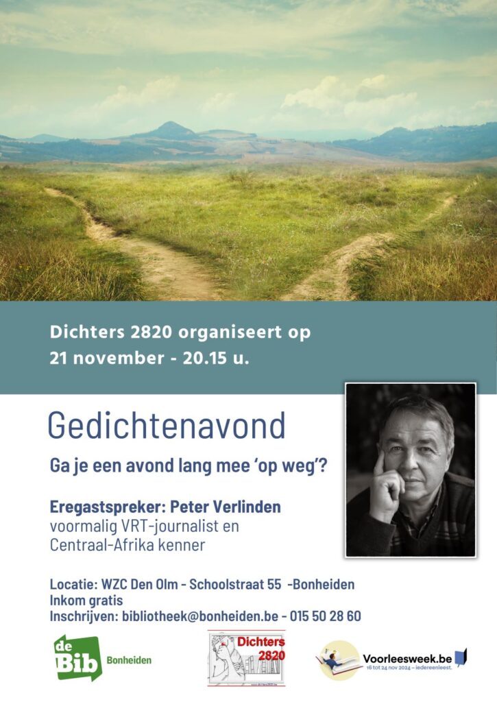 affiche gedichtenavond dichters 2820, 21 november 2024 in de bib van Bonheiden met eregastspreker Peer Verlinden